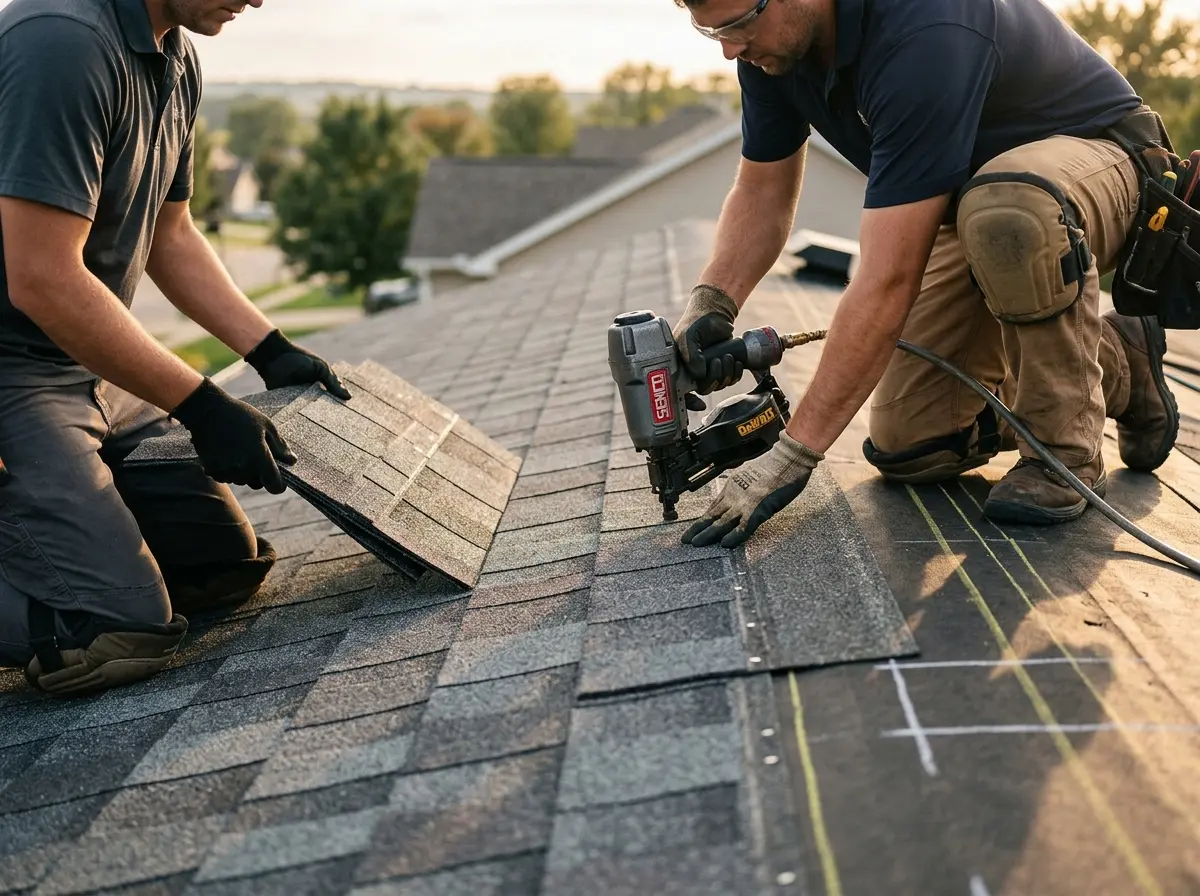 Professional roofer working on a residential roof in Edmond